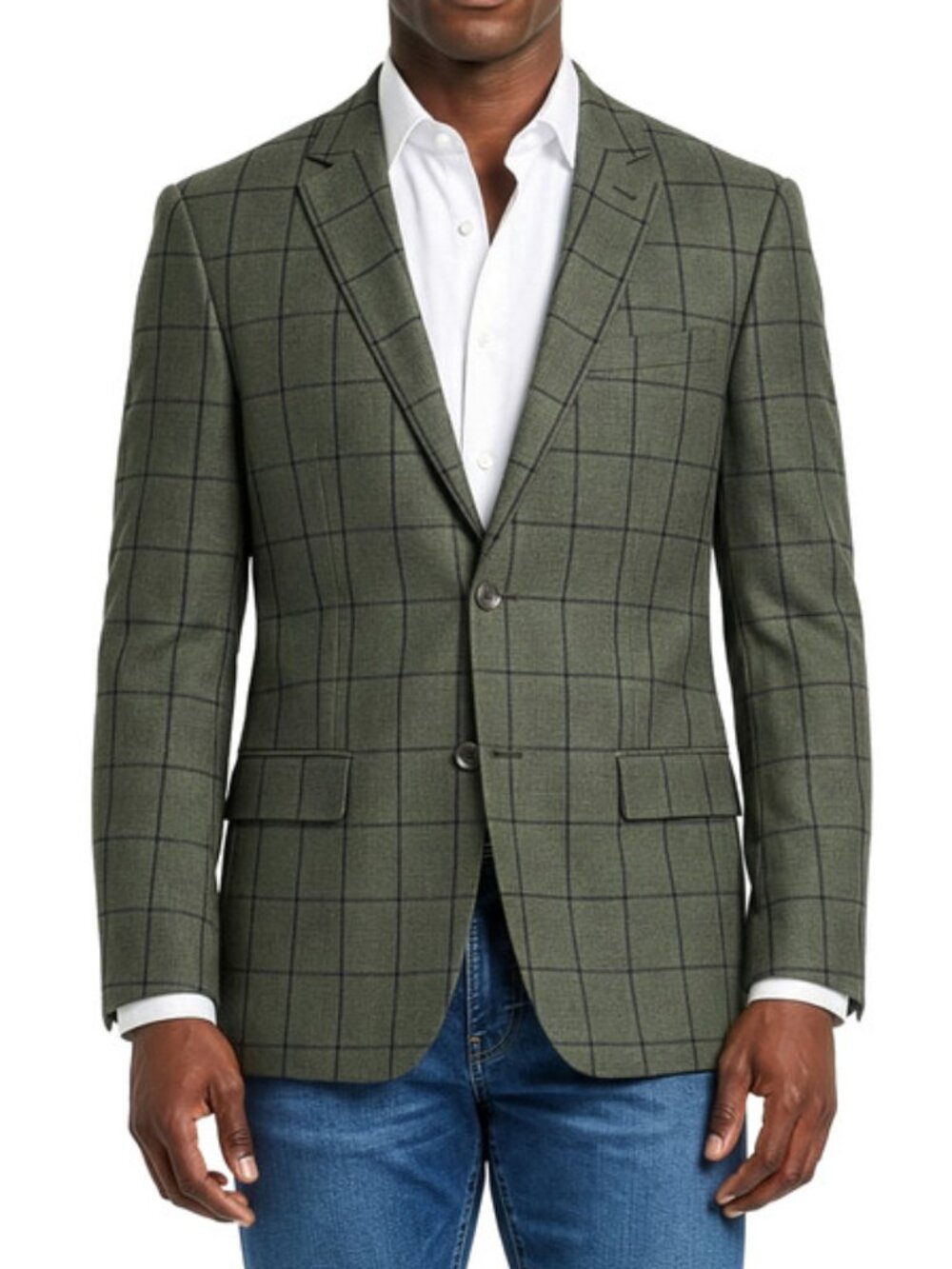 Olive Textured Windowpane Notch Lapel Modern Fit Men's Jacket